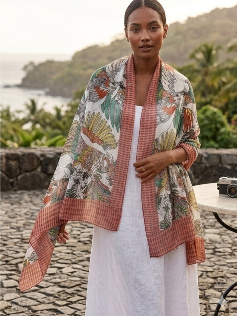 Tropical Parrot Print Sheer Cotton Wrap Scarf Beach Shawl Resortwear OS